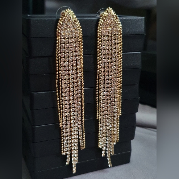 Gold Beaded Tassel Bling Dangle Earrings - Picture 3 of 5